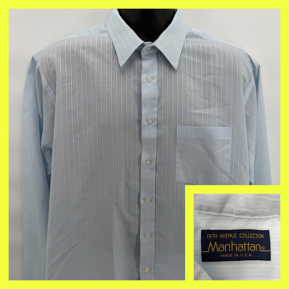 VTG Manhattan Fifth Avenue Shirt Mens Large Blue Striped Short Sleeve ACTWU USA